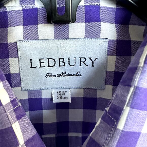 Ledbury Mens Purple Gingham Check Button Up Long Sleeve Medium 15 1/2 - Picture 8 of 8